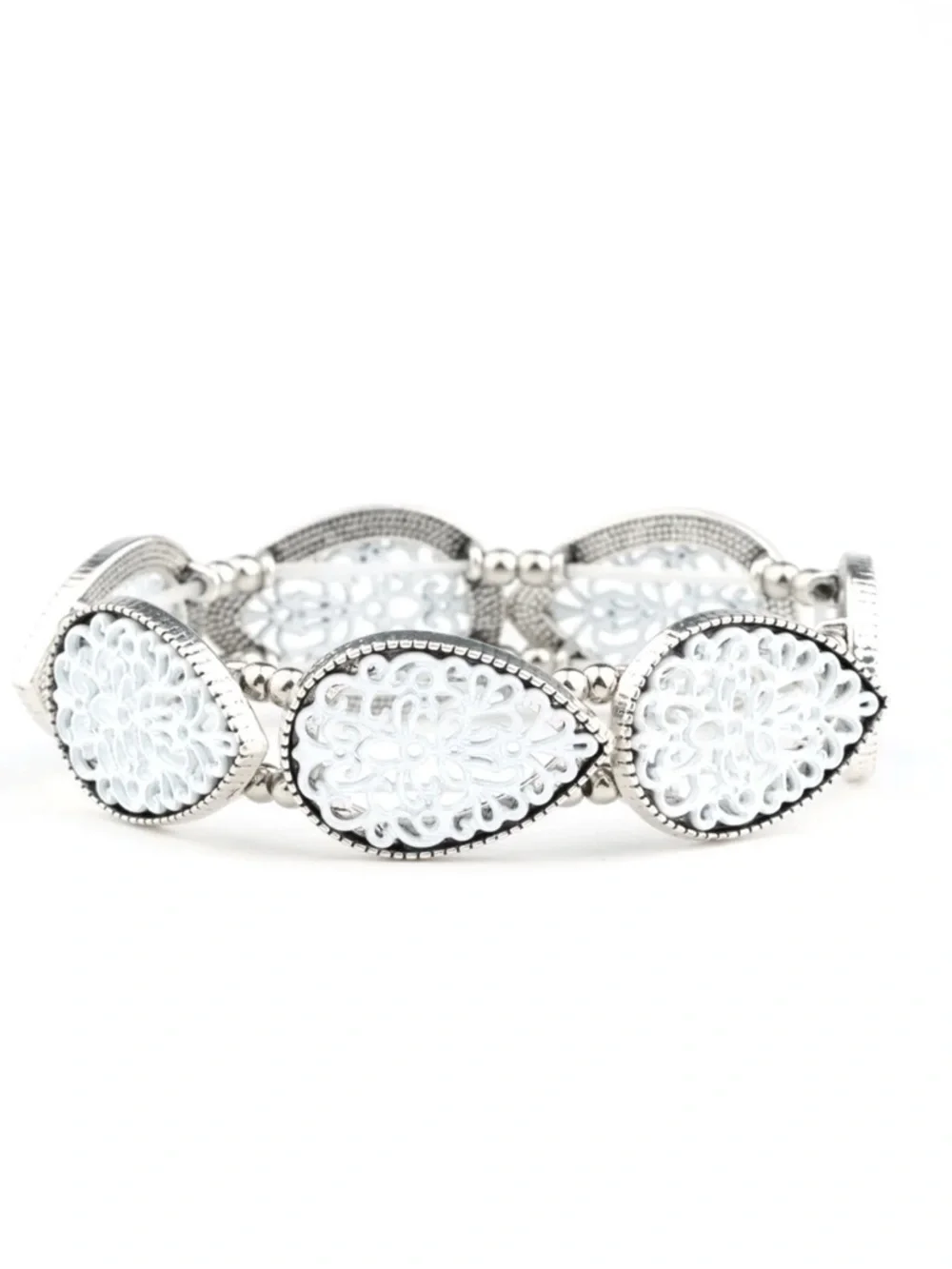 Heirloom Hunter - White Filigree Teardrop Link Stretch Bracelet - Picture 2 of 2